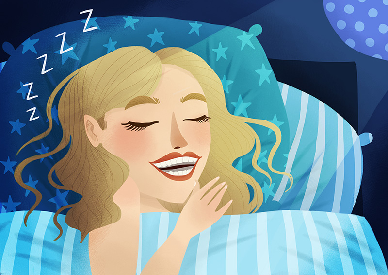 Cartoon image of blonde woman sleeping soundly without snoring in a blue bed