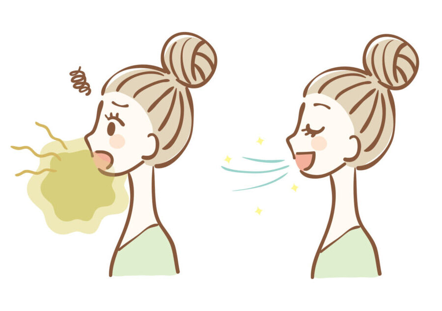 Illustration of a woman with a bun who has good breath then with bad breath